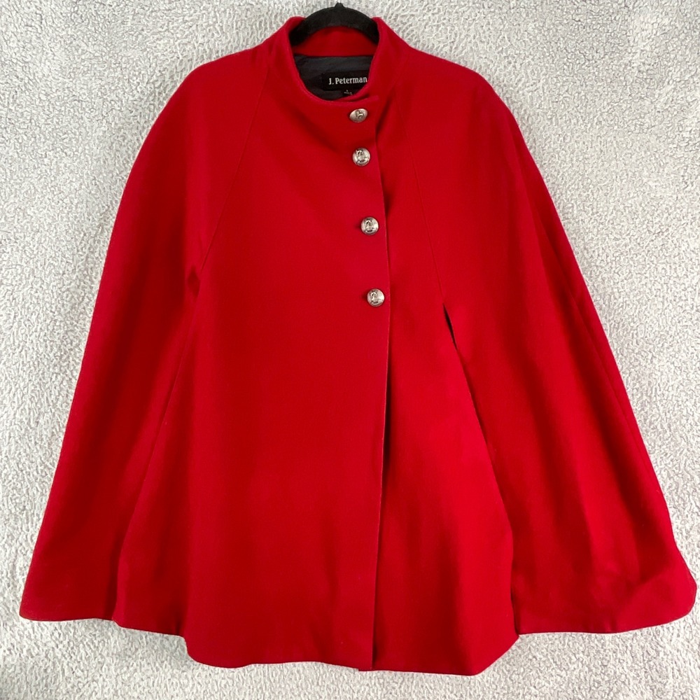 J. Peterman Cape Coat Women L Red Wool Crest Button Military Lined Elegant Chic